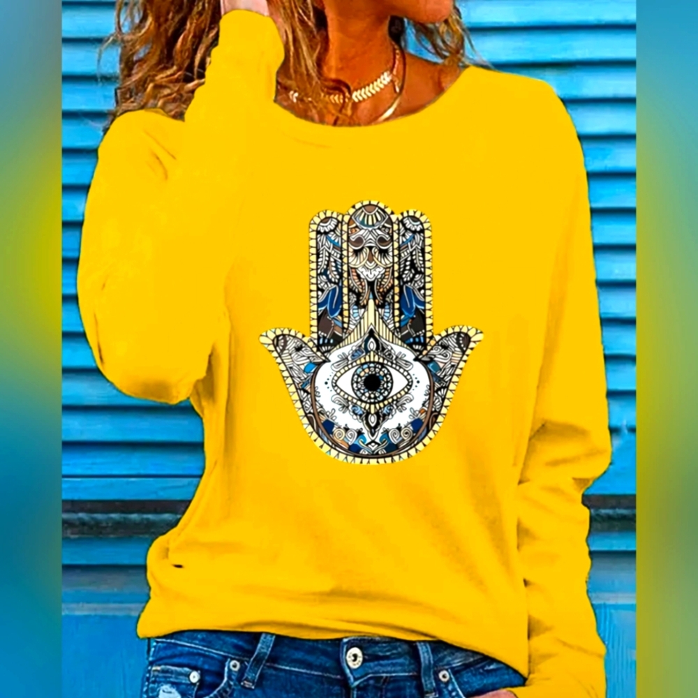Yellow Hamsa-Graphic Long Sleeve Top EUC XL-